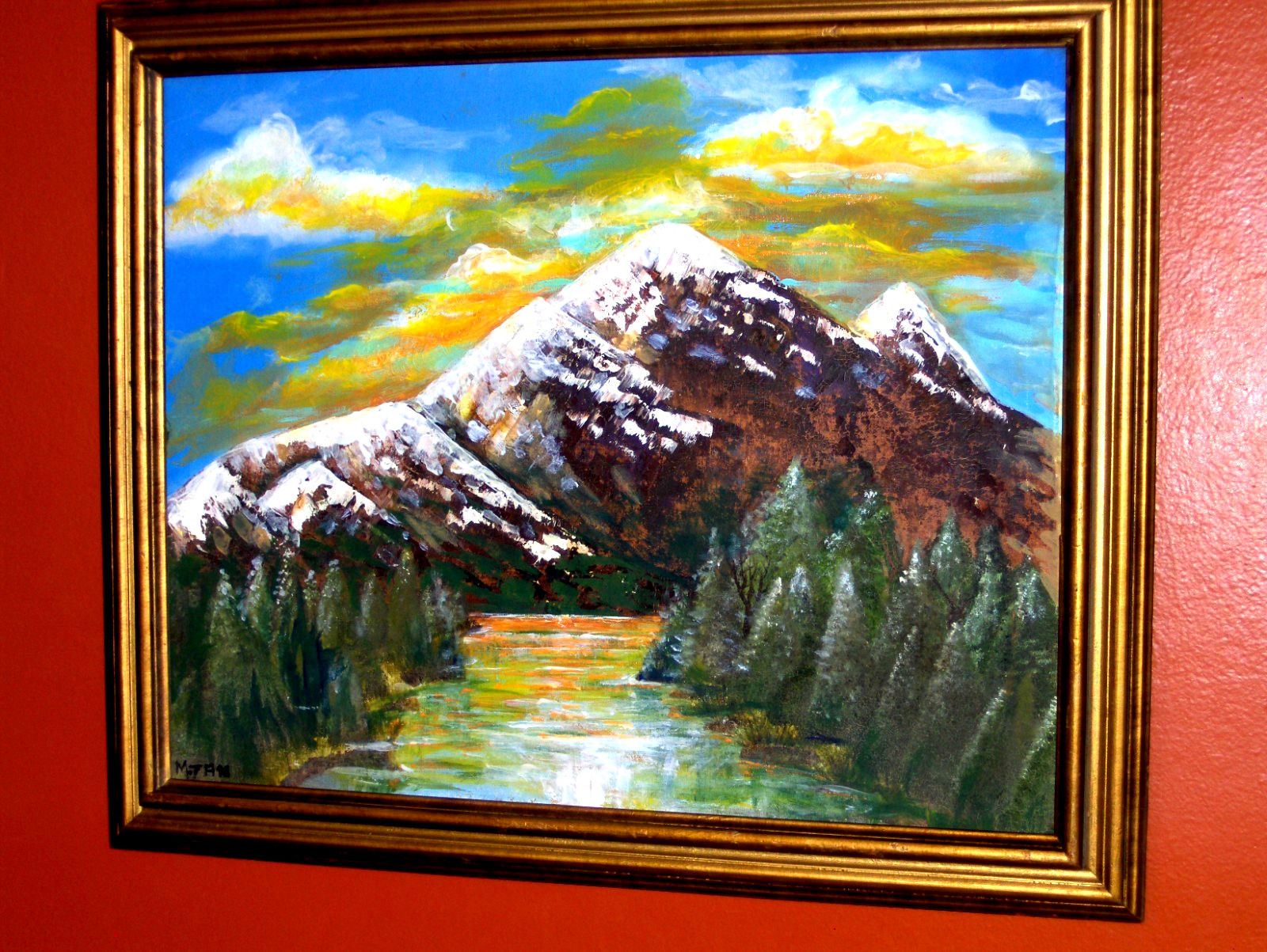 GORGEOUS ORIGINAL Mountain Snow Ice Landscape Green Tree Vintage Canvas Painting