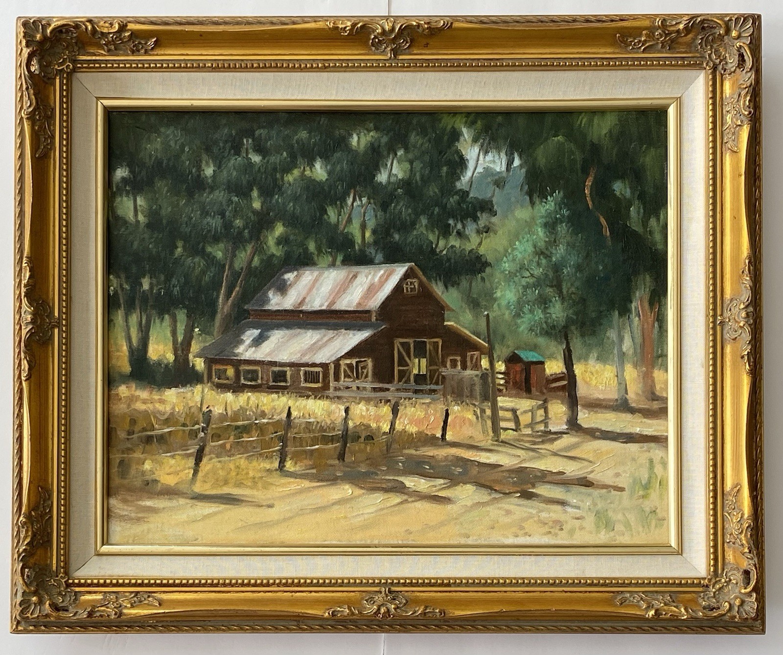 Vintage California Plein Air Eucalyptus Barn Landscape Impressionism Painting