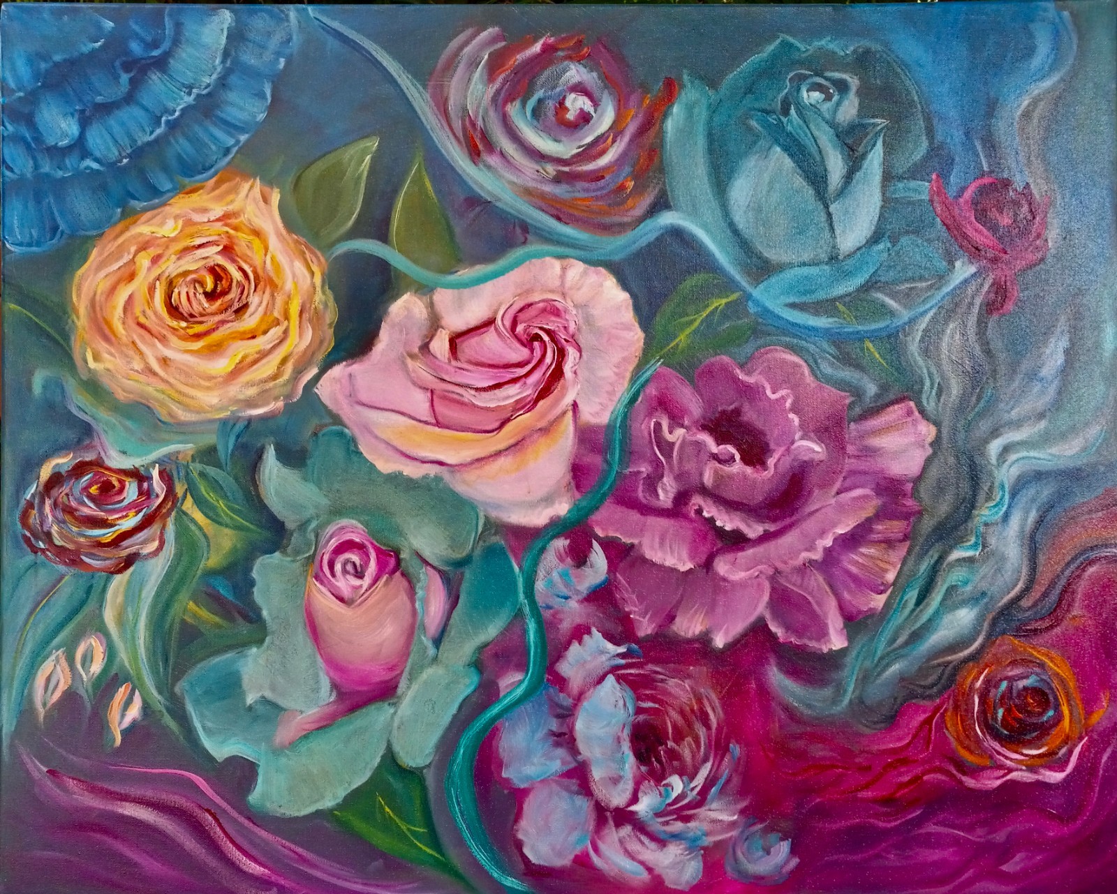 HAWAII ARTIST «FLORAL COLLAGE 11» OVERSIZE PAINTING ONE OF A KIND