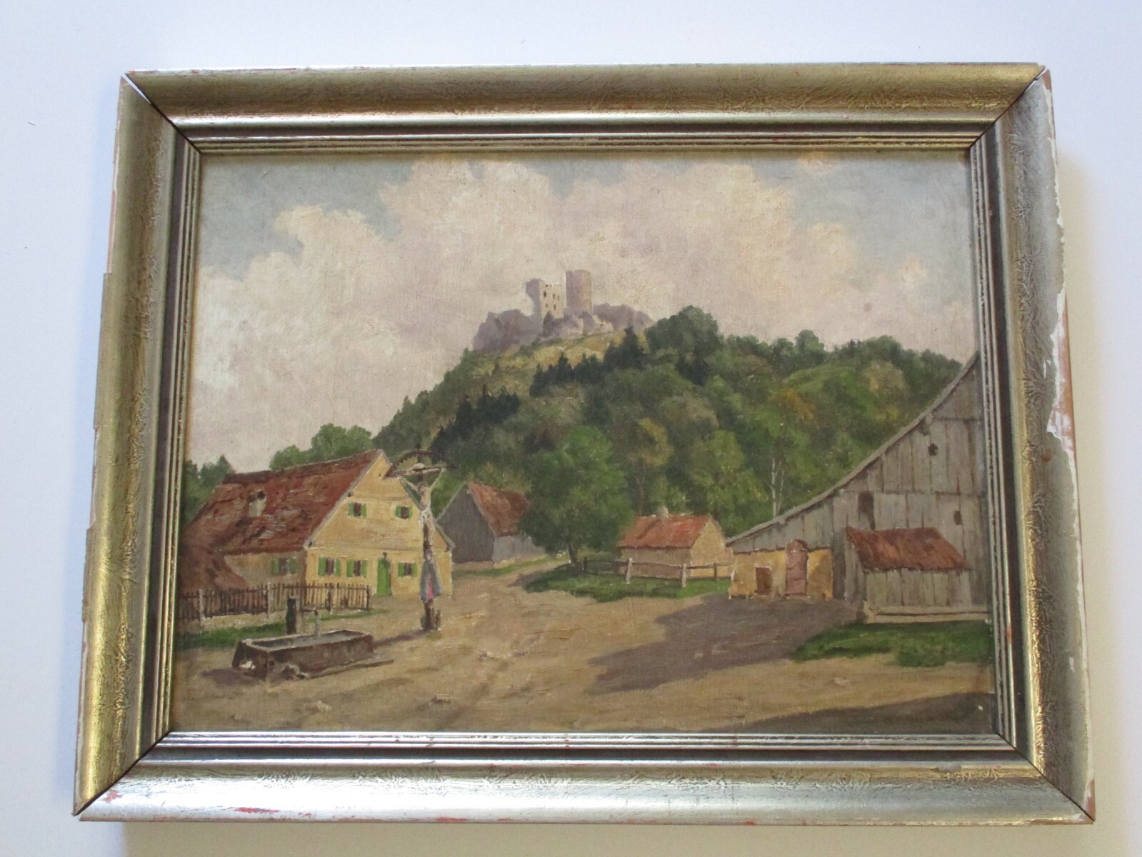 VINTAGE OIL PAINTING VILLAGE TOWN CASTLE LARGE RELIGIOUS CRUCIFIXION SCULPTURE