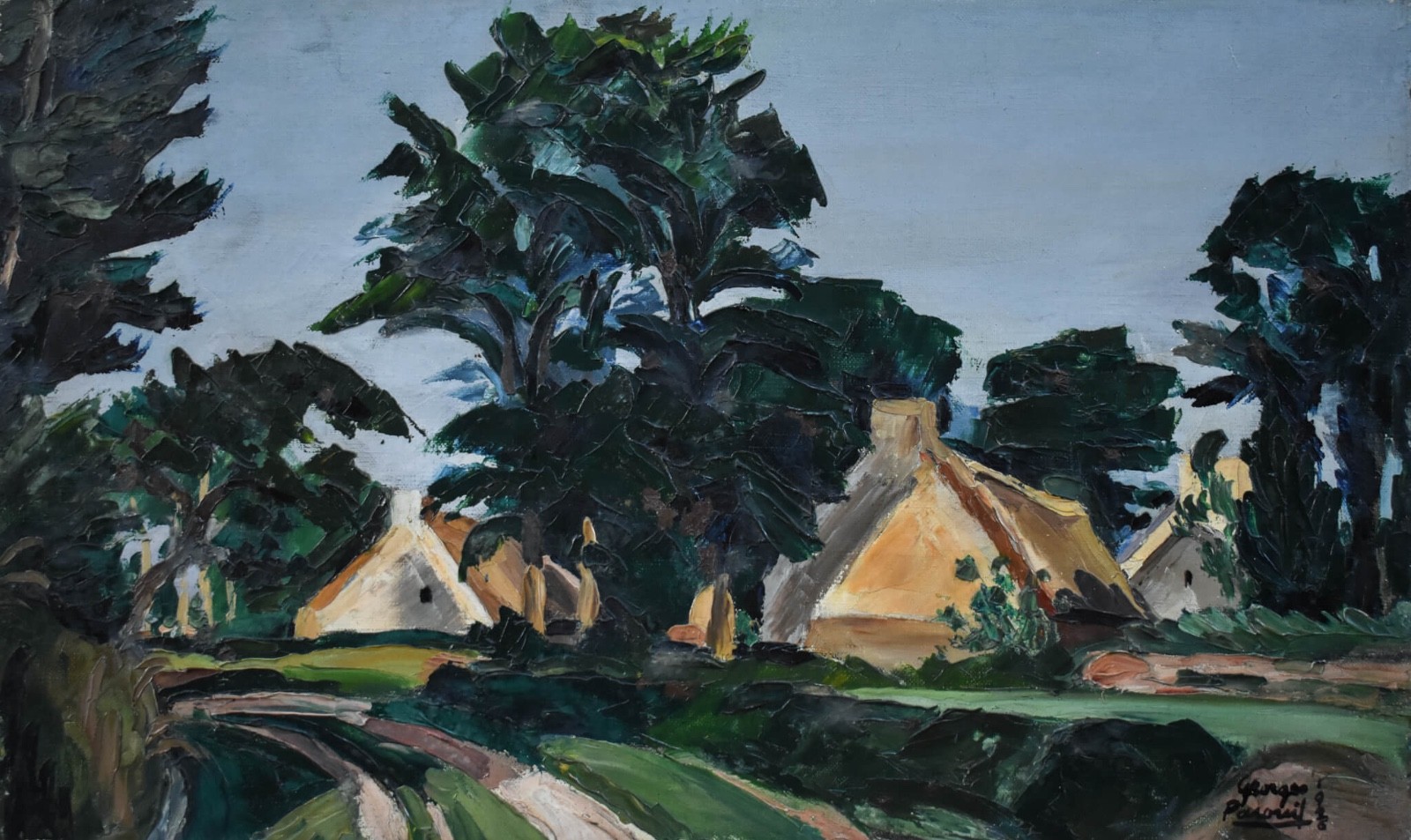 1926 Breton Village French Landscape Oil Painting Signed Georges Pacouil Early