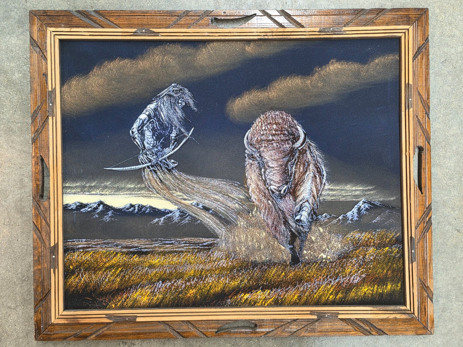 Vintage Native American Indian Chief Spirit & Buffalo Velvet Painting 23″ x 19″