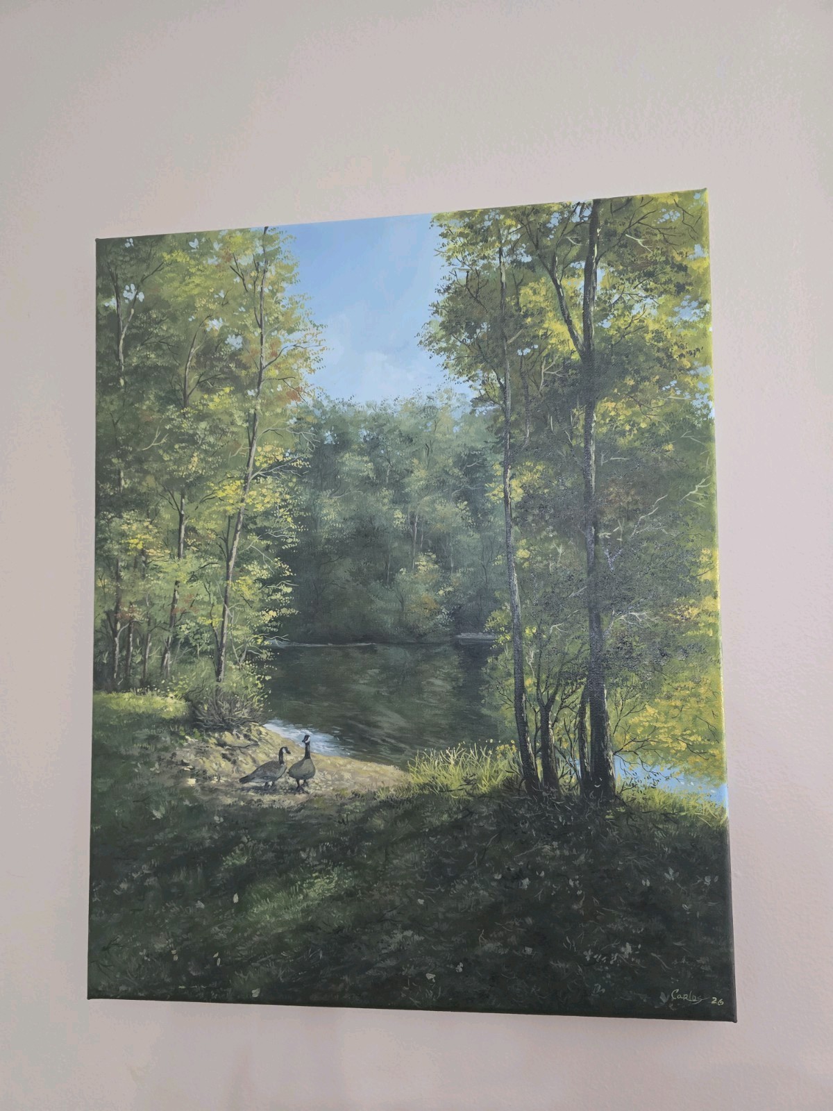Original Oil Painting 40×50 cm Forest Lake with Ducks – Handmade Canvas Art
