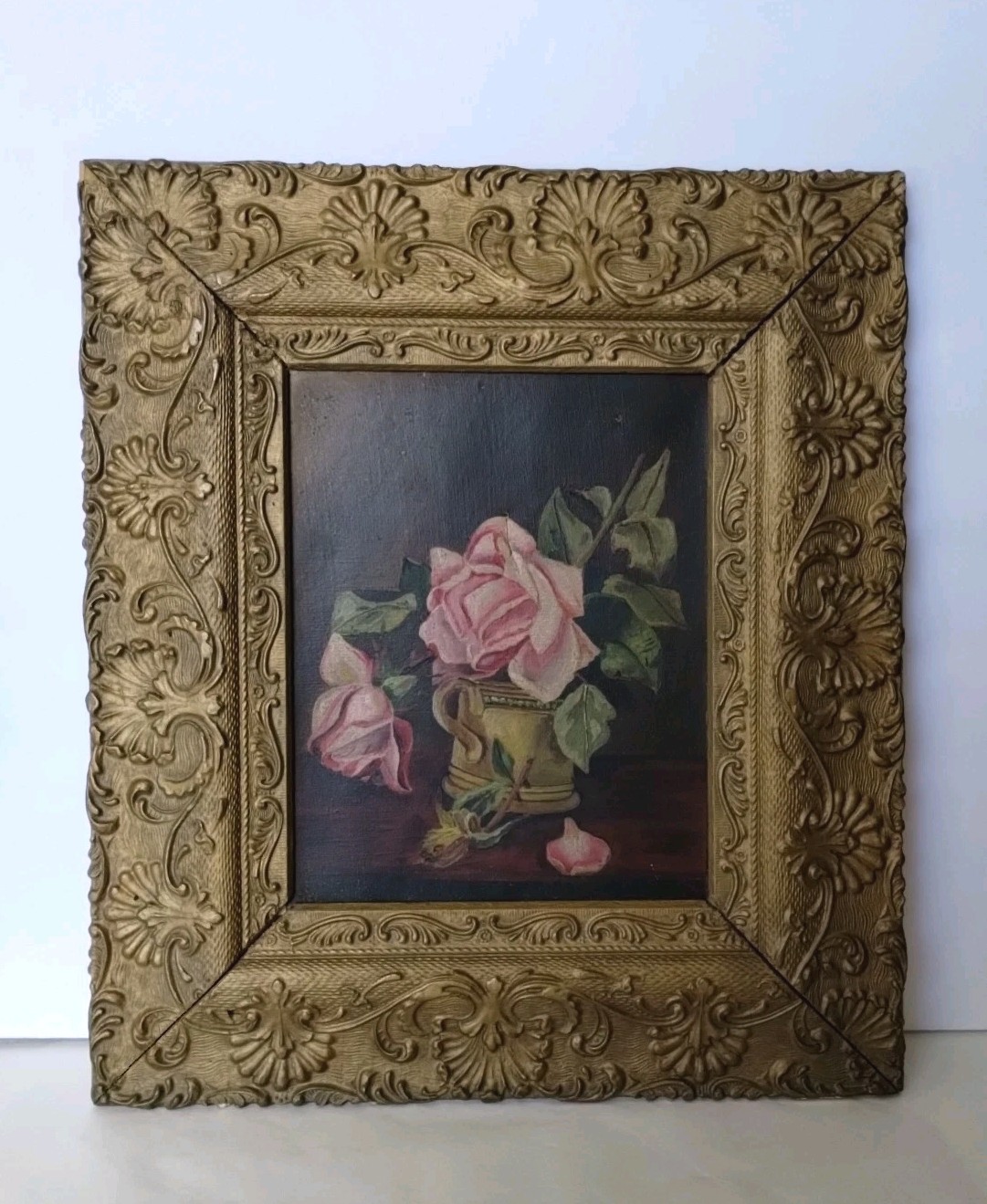 Antique Oil Painting Impressionist PINK ROSES Still Life Ornate Dark Gold Frame