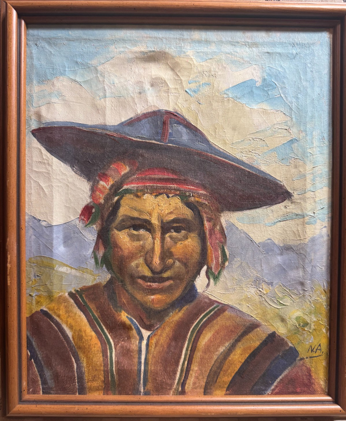 Vintage N A Initialed Andean Man Portrait Oil Painting on Canvas Wood Frame 13.5