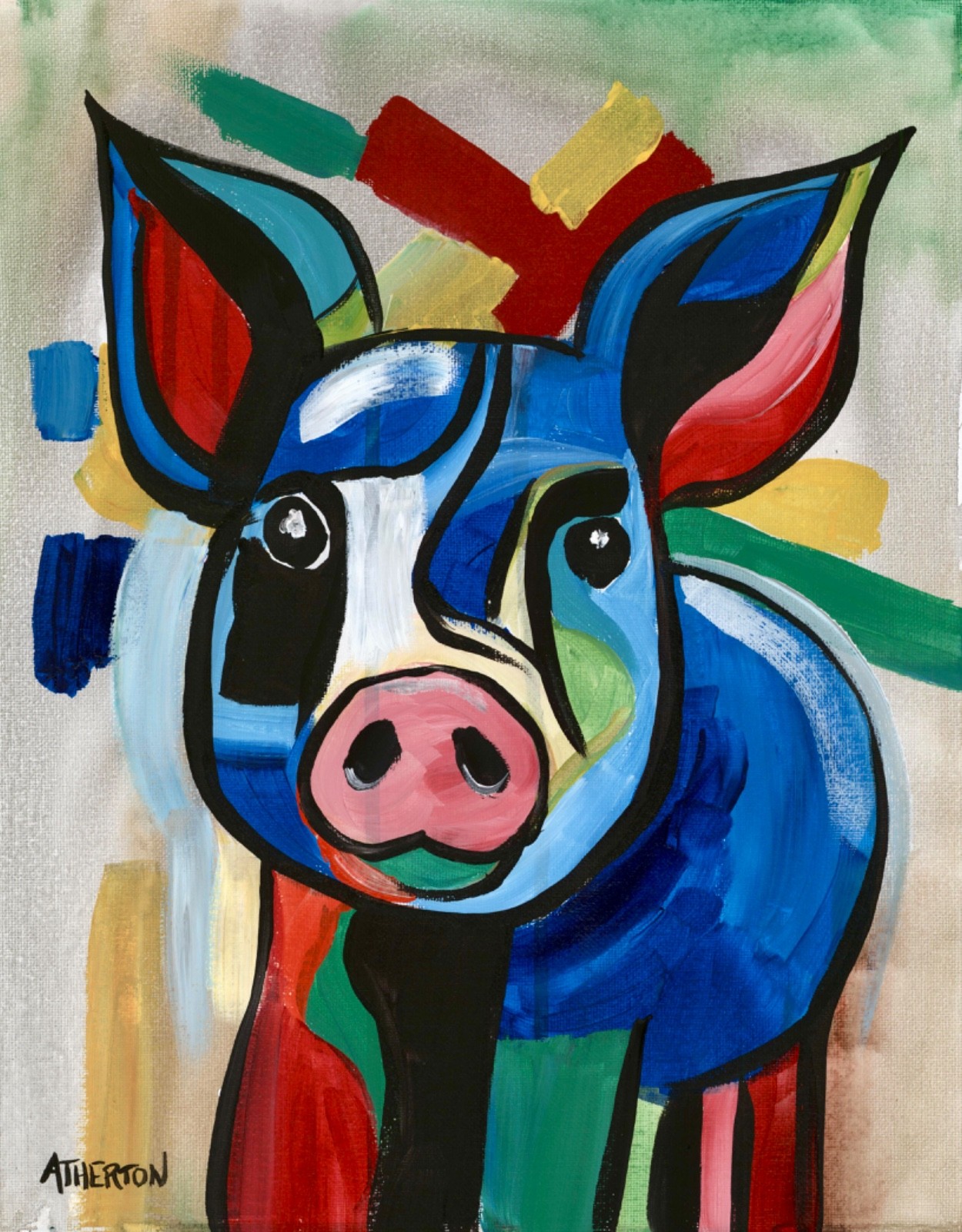 Atherton 11×14 Original Expressionism Acrylic Painting «Blue Pig 2» hand signed