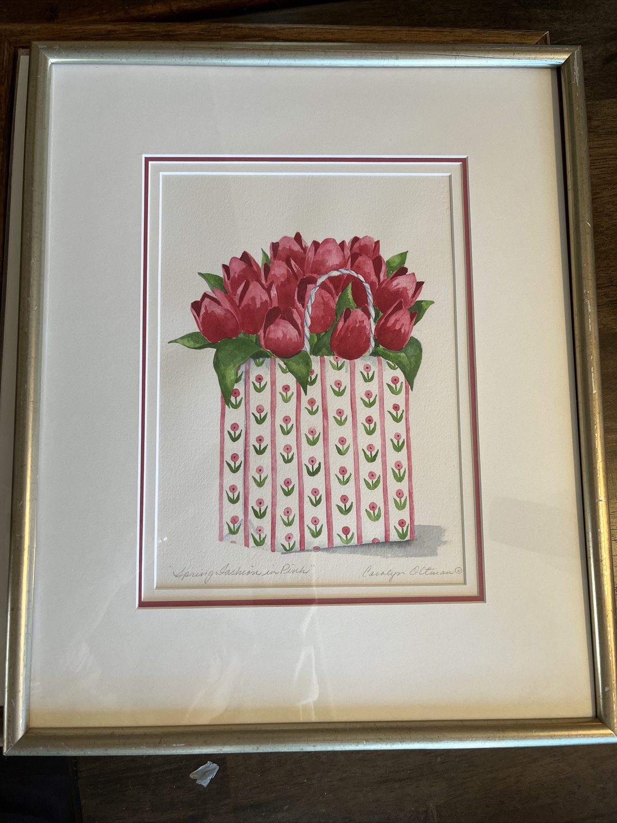 10×13 Image Cerise Tulips In A Tote (Spring Fashion In Pink) by Carolyn Oltman