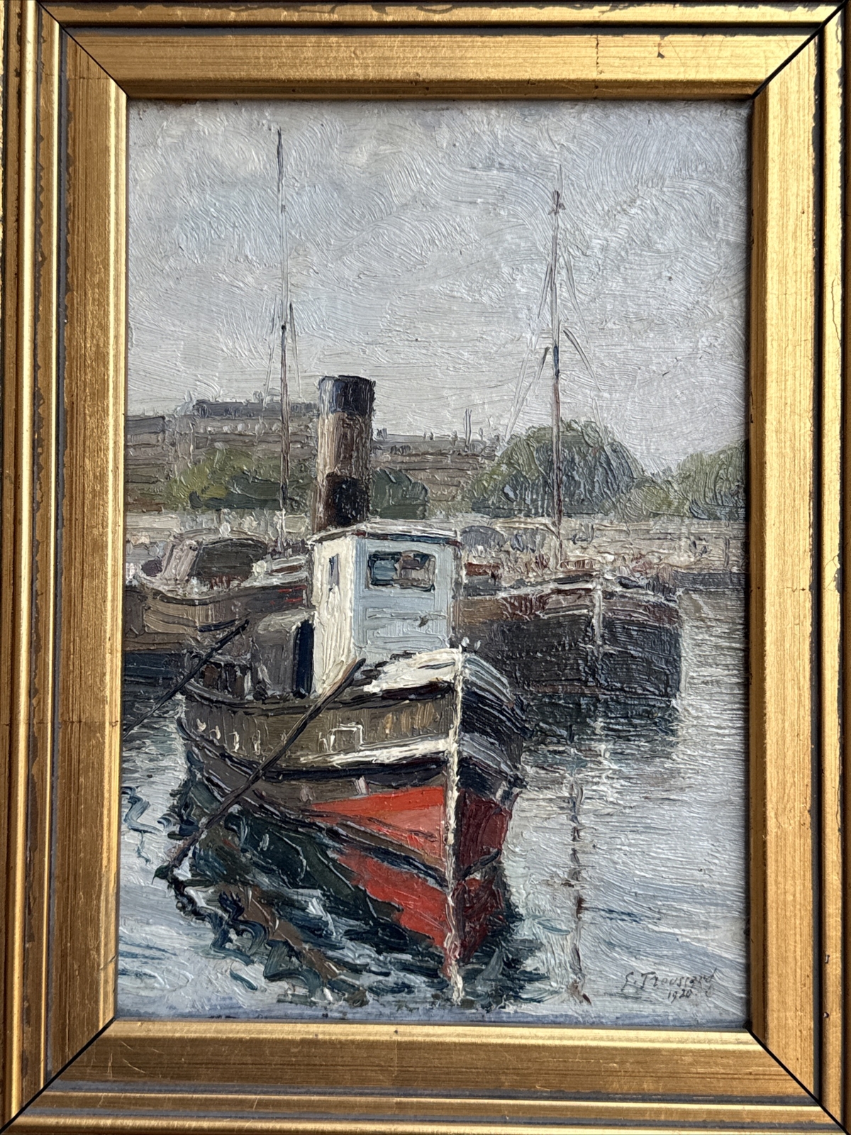 ANTIQUE PAINTING NAUTICAL FRENCH LISTED COASTAL MARINA PORT HENRI TROUSSARD OIL