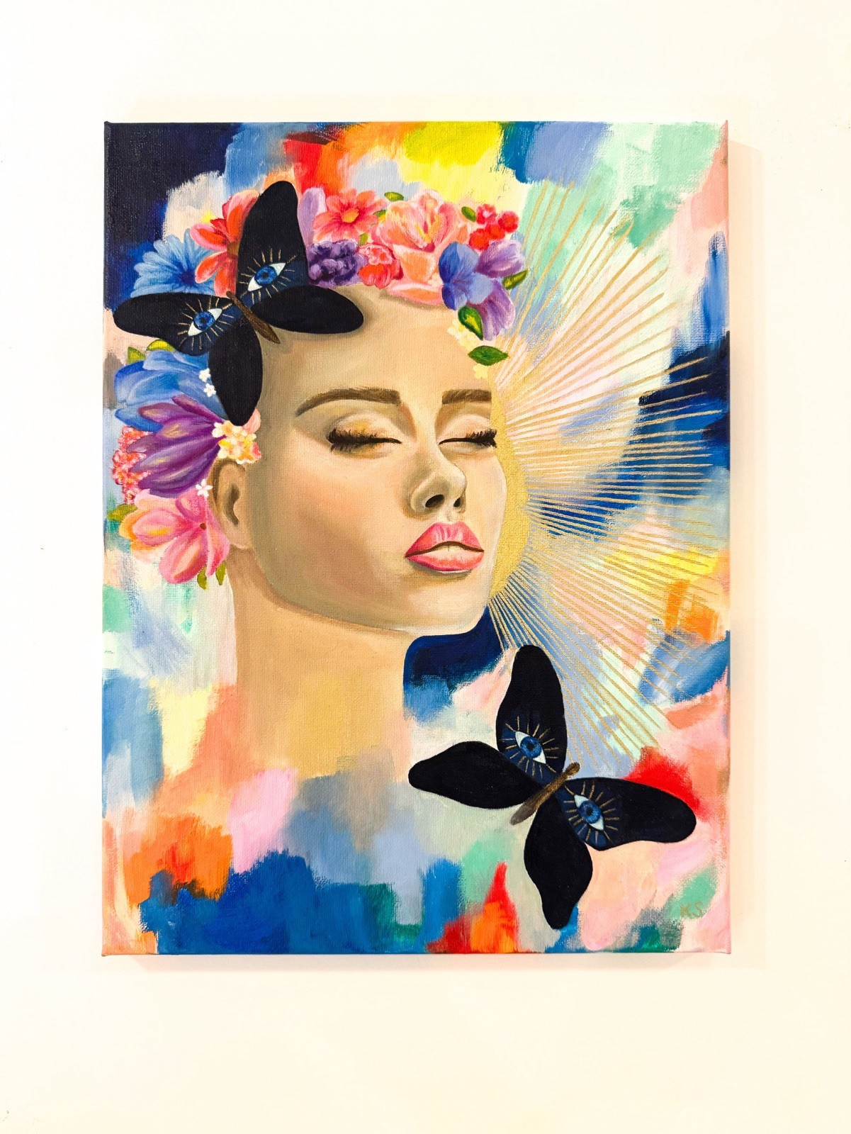 “Sweet Beam” Acrylic And Oil On Canvas 12”x16” Painting Woman Butterfly
