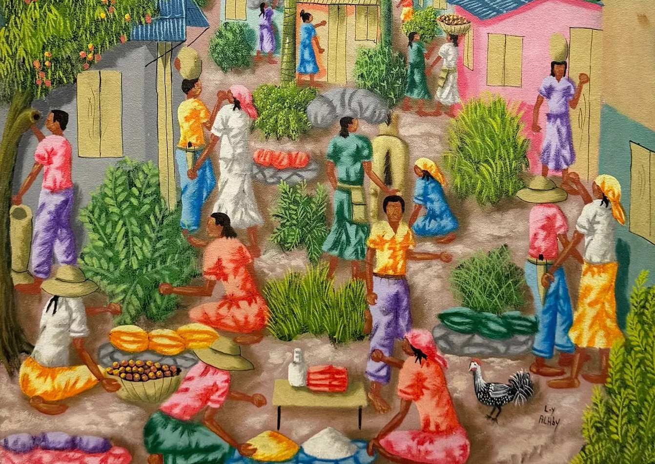 ORIGINAL HAITIAN ART PAINTING BY YL ALABY MARKET VILLAGE INHABITANTS 24X20 In.