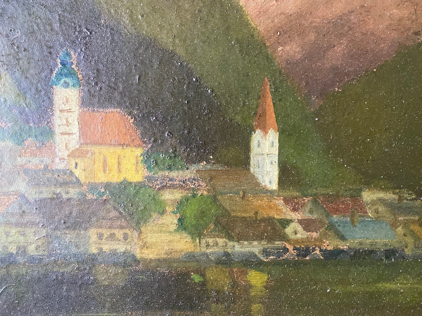 Alps City Oil Painting Markgraf Frame Antique Hallstadt Shore Gift Church Tower