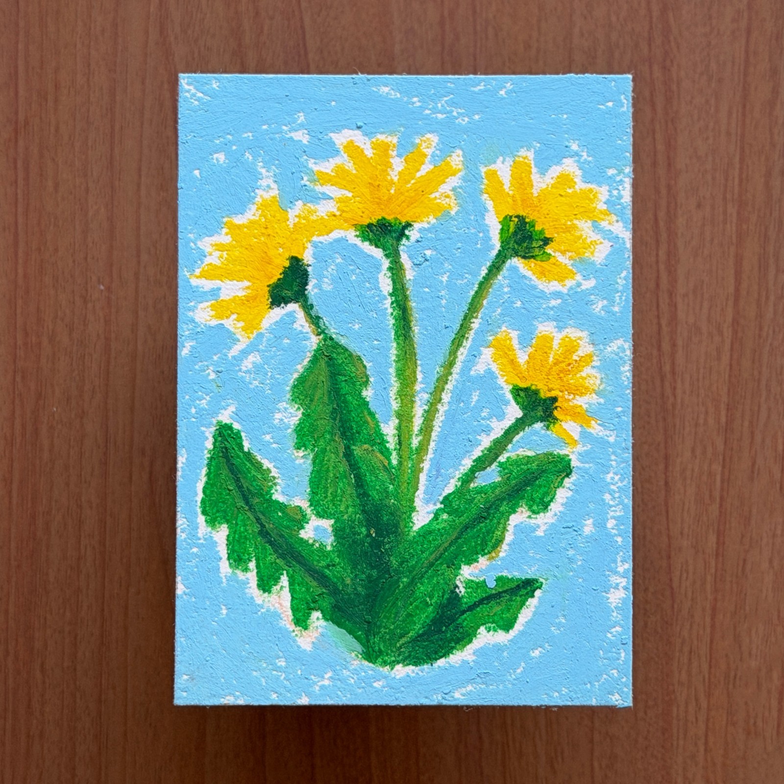 ACEO Original «Dandelions» Oil Pastel Flower Art 2.5″x3.5″