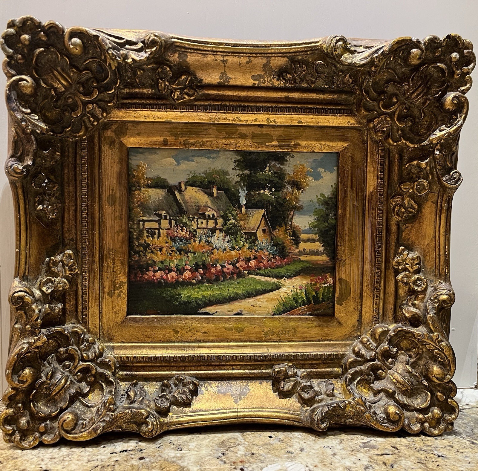 Vintage Oil Painting On Board Ornate Heavy Gold Frame English Cottage