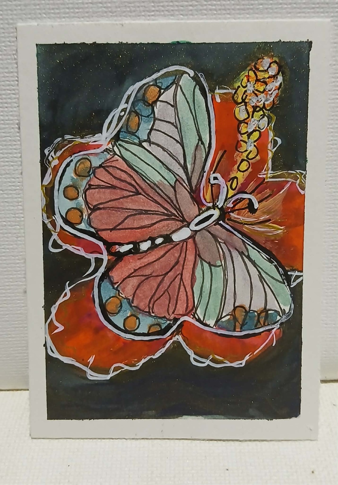 Butterfly on Red & Gold Hibiscus ACEO – Blue Gold Shimmer Watercolor OOAK