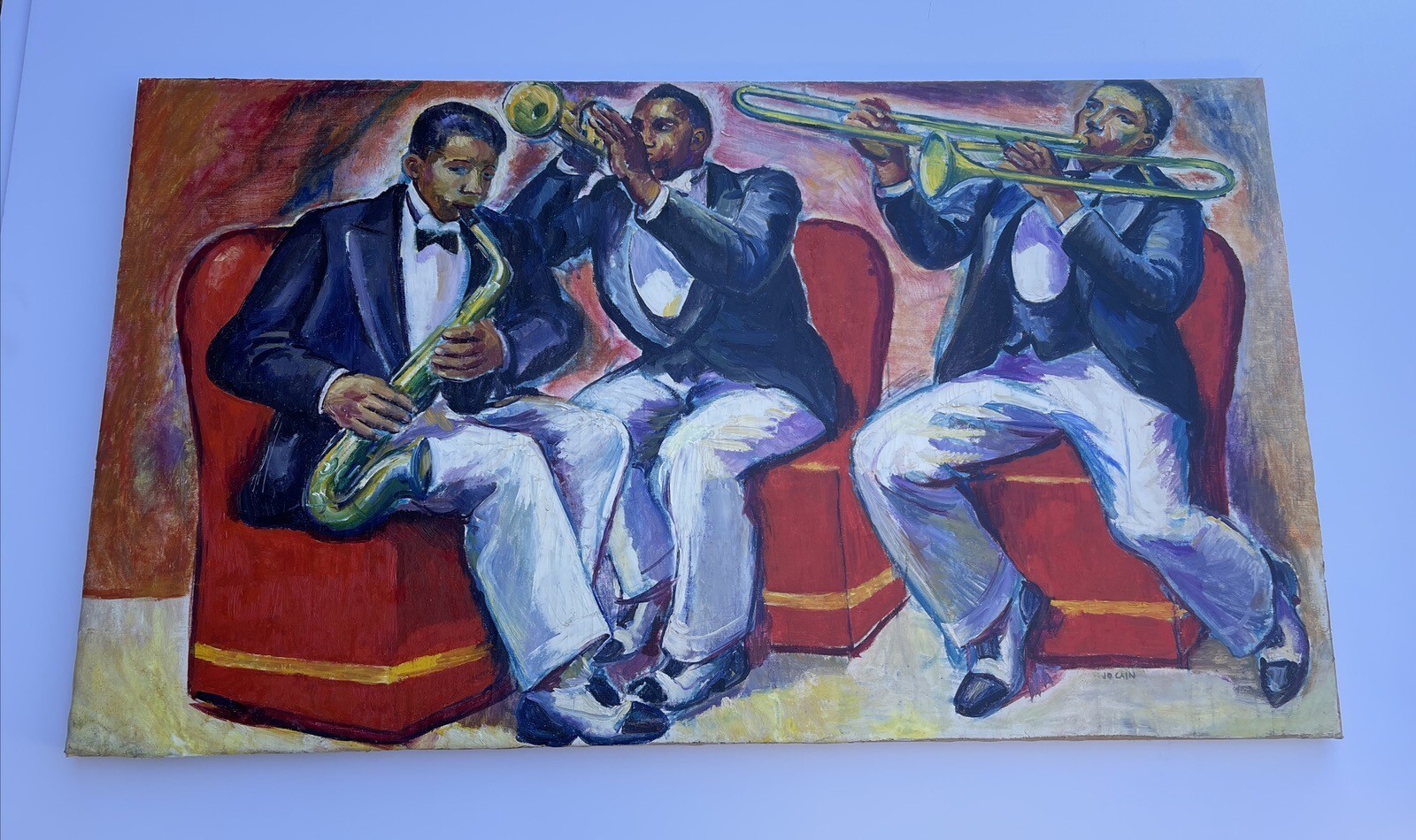 Jo Cain PAINTING ANTIQUE WPA Black Americana Large Mural Study Jazz Portrait Oil