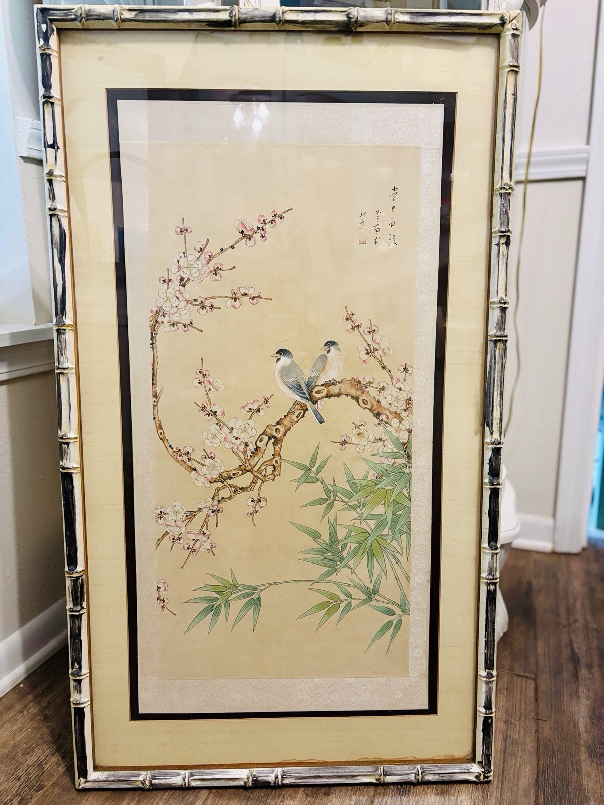 vintage Asian-style painting on fabric depicting birds cherry blossoms signed
