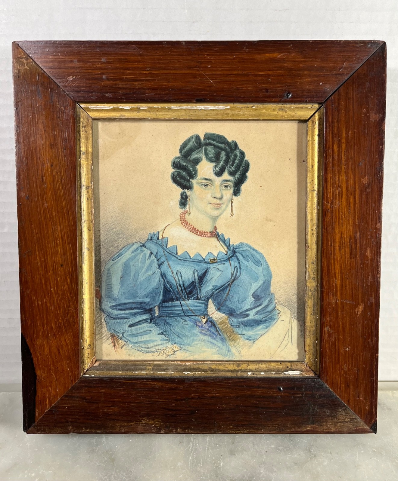 Antique 1830s Colored Lithograph portrait young Woman Wood Framed 7”x 8”