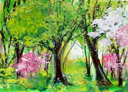 ACEO Original PAINTING Spring TREES Pink Flowers Sun Nature Landscape ATC ART