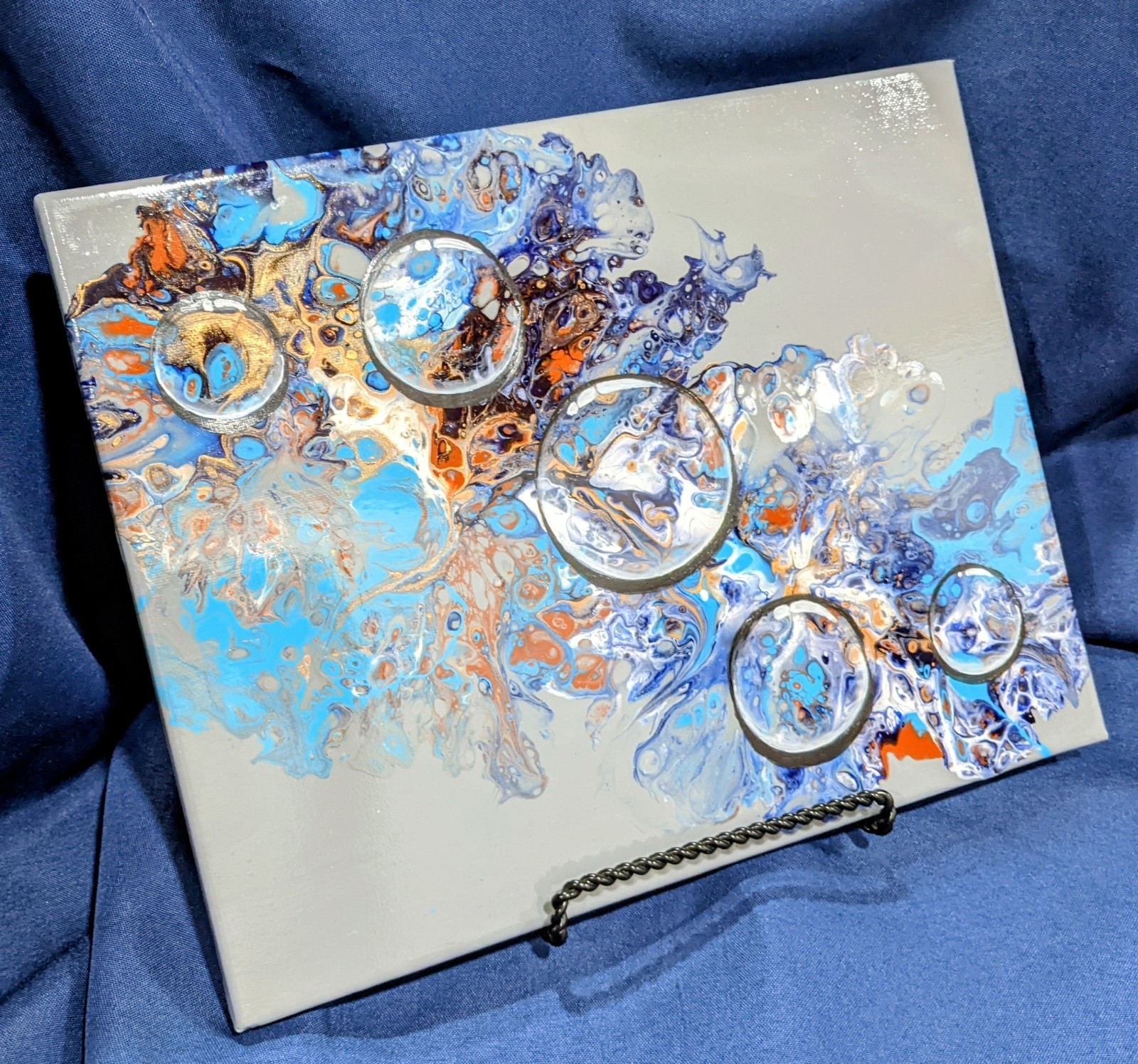 Bubbles on Turquoise and Grey acrylic pour, gold highlights 11″ h x 14″w x .5″d