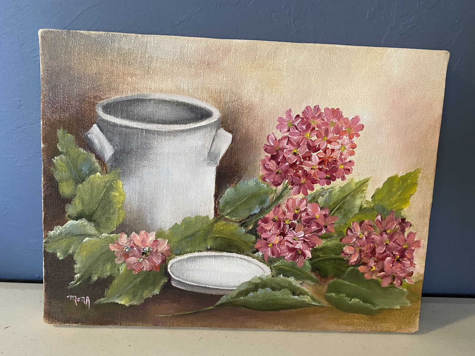 Original Art Painting Canvas Milk Can Pink Hydrangea Floral Flowers Cottagecore