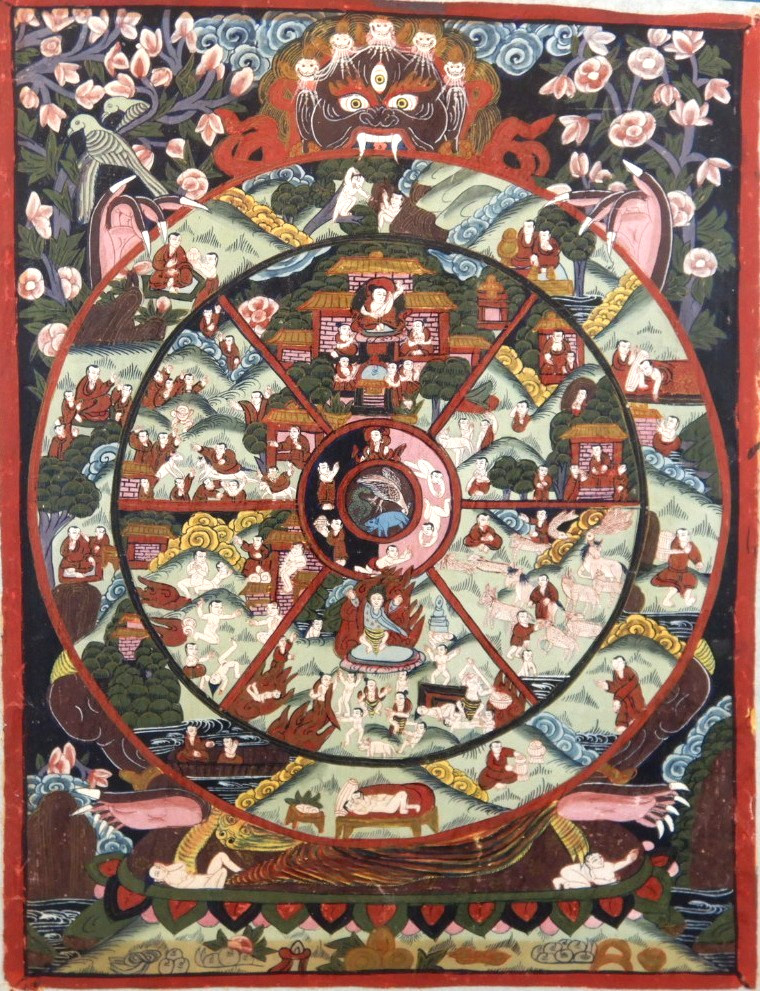 A VERY FINE EARLY VINTAGE ASIAN PAINTING ON CLOTH THE WHEEL OF LIFE