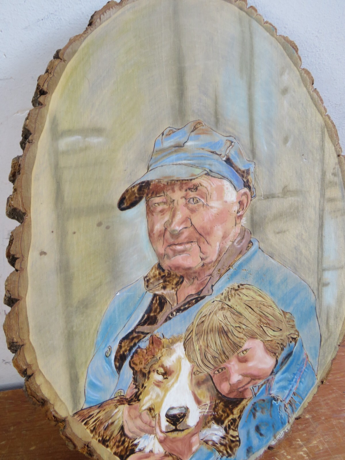 Vintage Wooden Art Farmer Dog w/ Bark Carving/Burning/Painting 12.5×17 Rollins