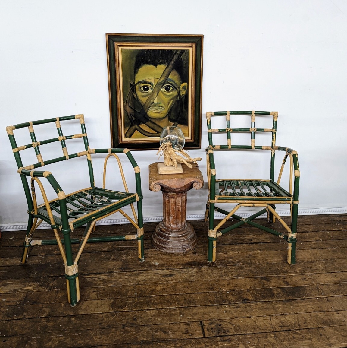 Vintage Modern Impressionist GREEN FIGURE Southeast Asian painting abstract mcm