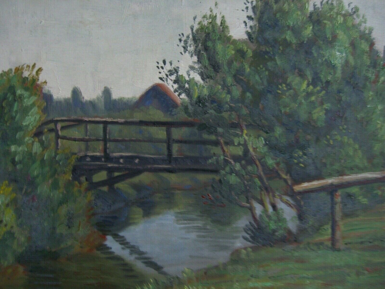 Summery River Landscape with Bridge and Pasture Fence Water Reflections Meadow
