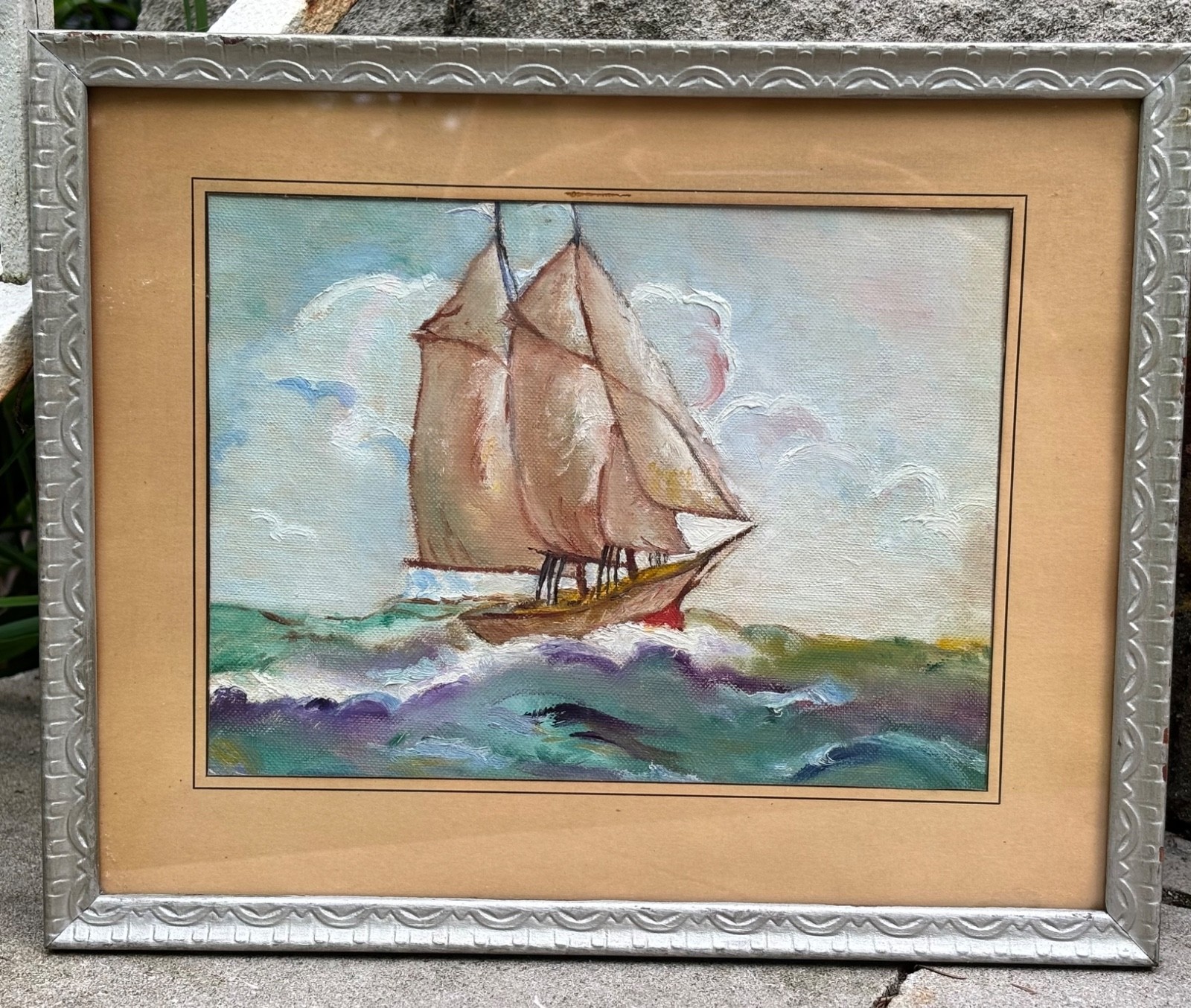 Vintage 1973 Sailboat on the Water Framed Oil Painting 11” x 9”
