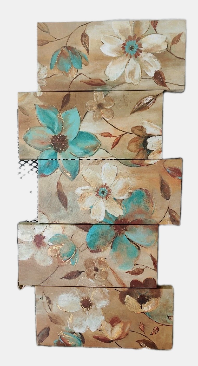 5 Panel Canvas Wall Art Teal/Beige Flowers With Gold Embossing