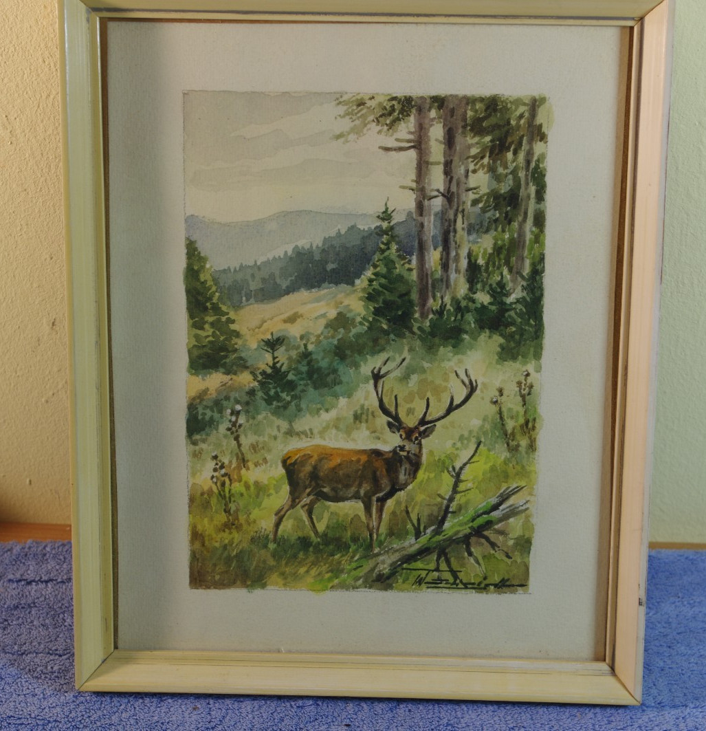 Watercolour of a Red Deer in a Forest Landscape Signed W. Schneider