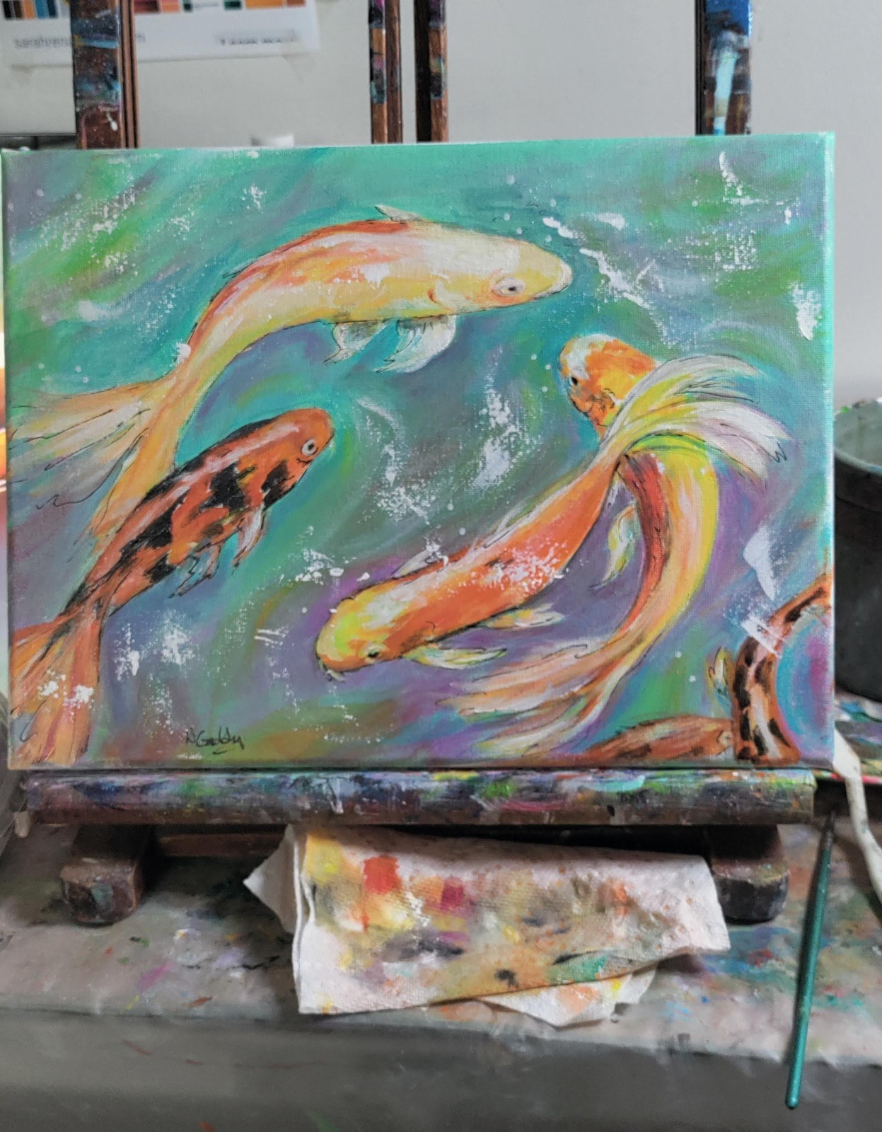 Original 9 x 12 Expressionism Colorful Koi Fish Canvas Wall Art Acrylic Painting