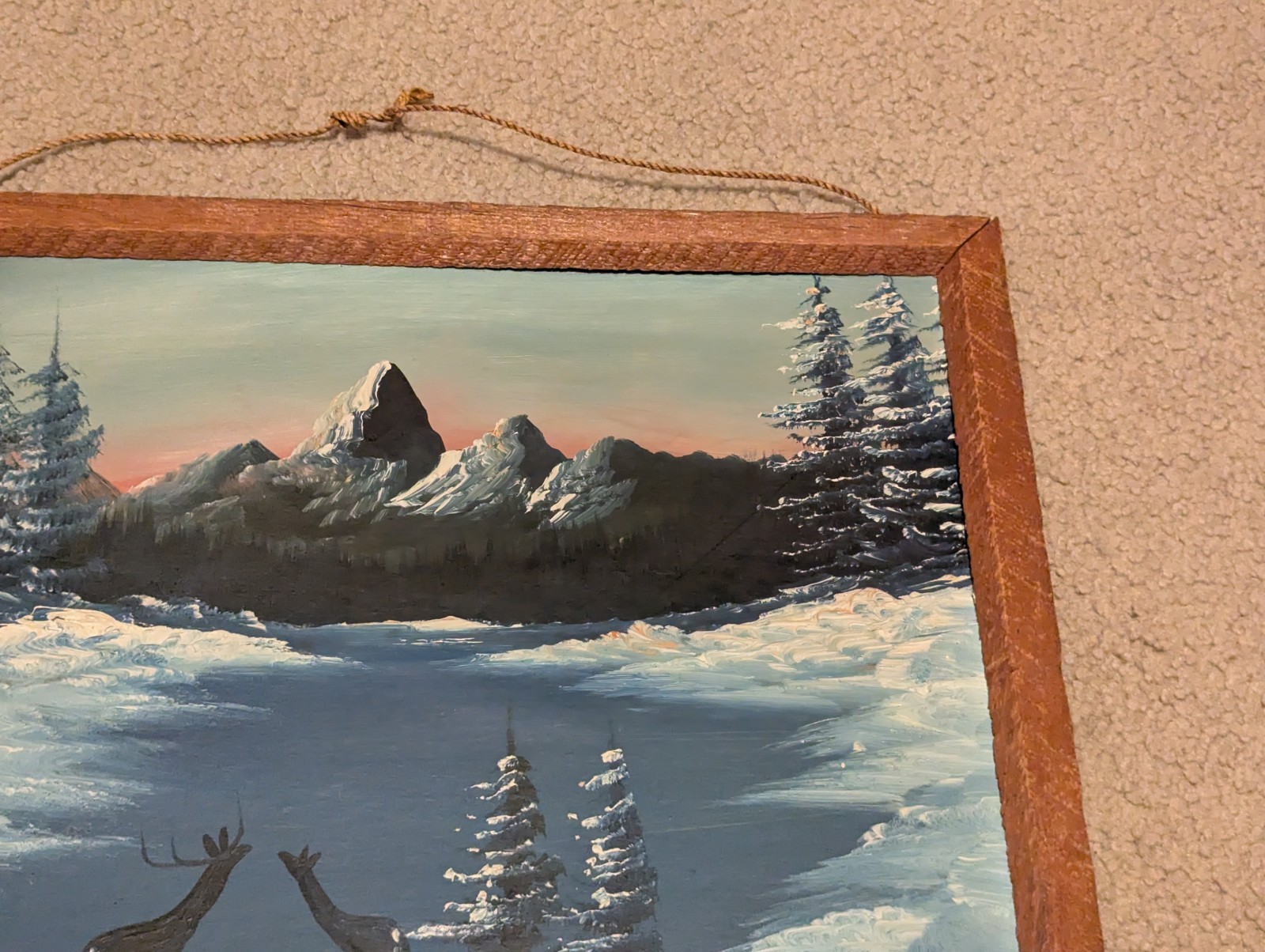 Vtg Primitive Rustic Frame With Painting Deer Winter Scene On Frozen Pond