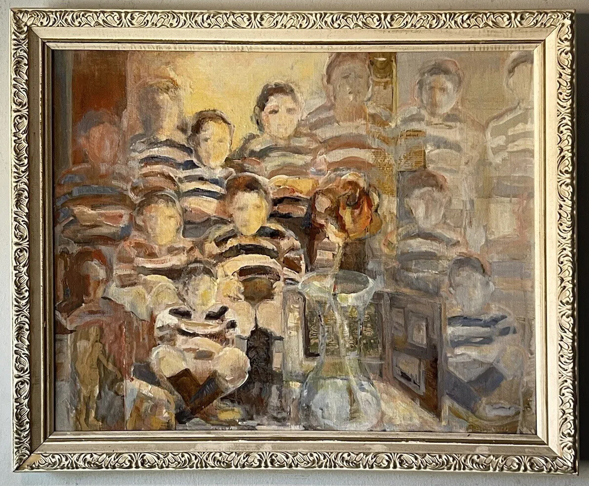 FLORENCE CONRAD VINTAGE MODERN ABSTRACT OLD FOOTBALL TEAM OIL PAINTING COLLAGE