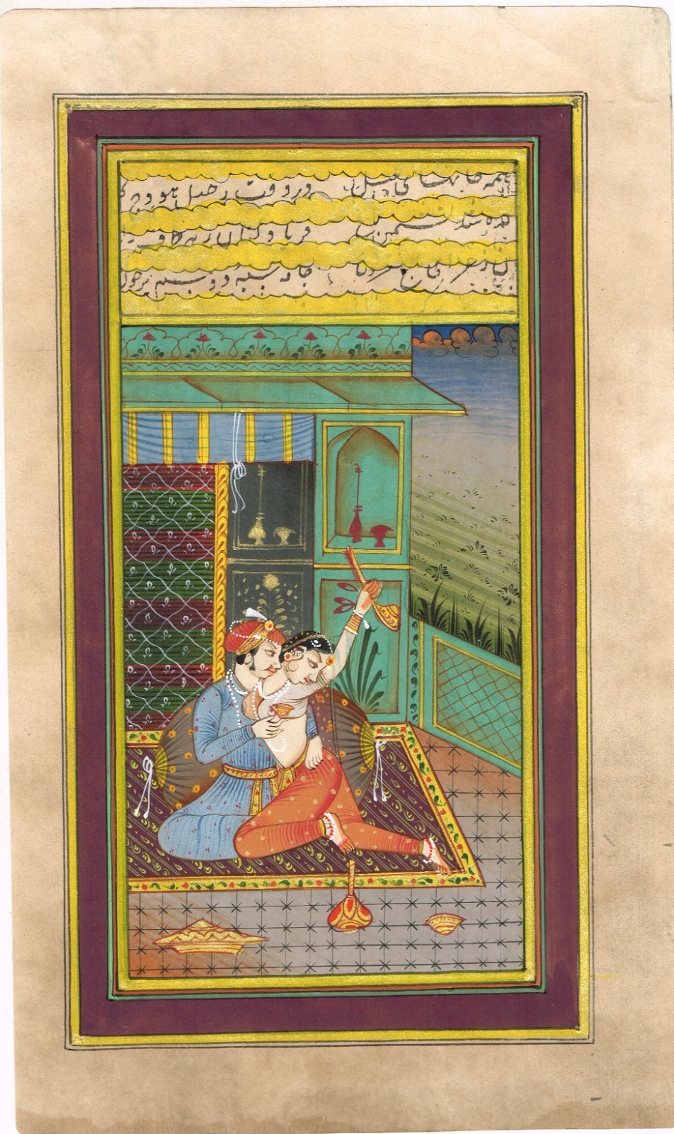 Indian Miniature Painting Of Mughal King & Queen in Love Scene Art 4.75×8 Inches