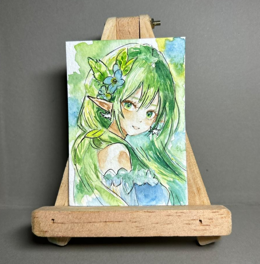 ACEO Original Watercolor Art OOAK Anime Elf Girl Forest Spirit Portrait Mini Art