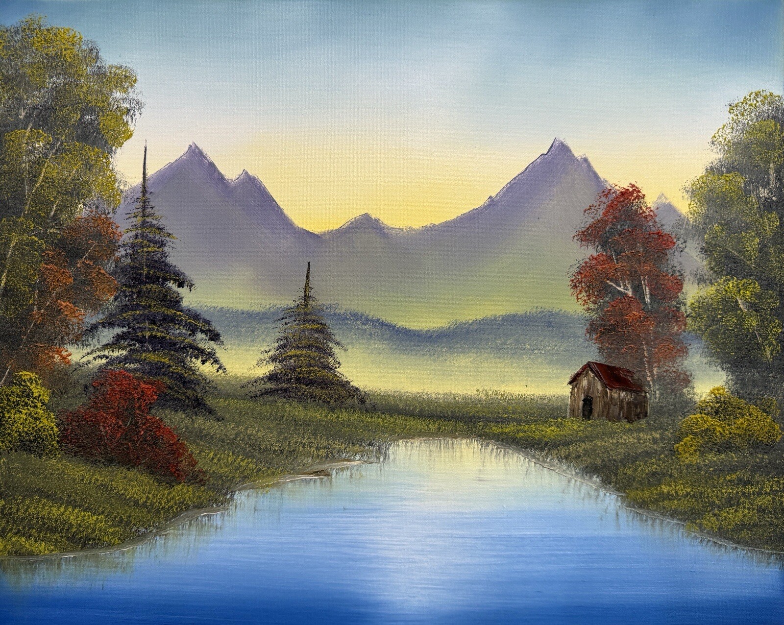 Bob Ross style Mountain Cabin landscape oil painting 16×20