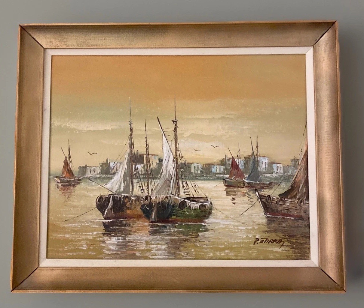 Vntg Original Nautical Oil Harbor Painting Signed Marine Boat 20” X 24” Stirrat