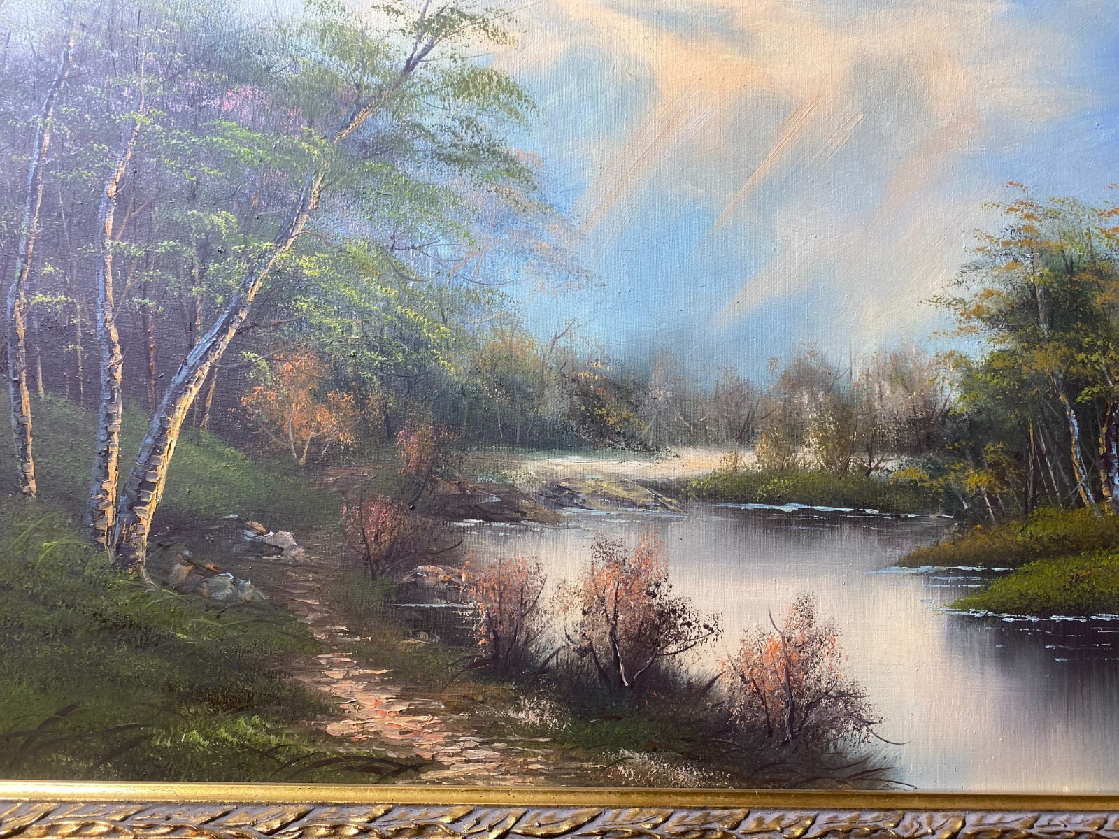 «River And Forest Landscape Scene» Oil On Canvas Painting – Framed