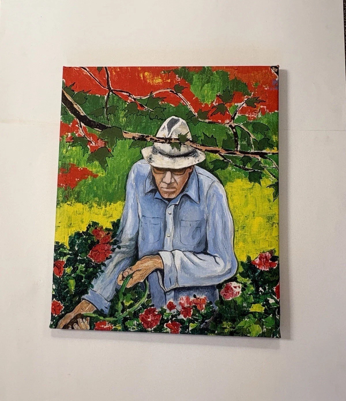 Roberta Pruett Beasley Original Painting Man Portrait Watering Landscaping VTG