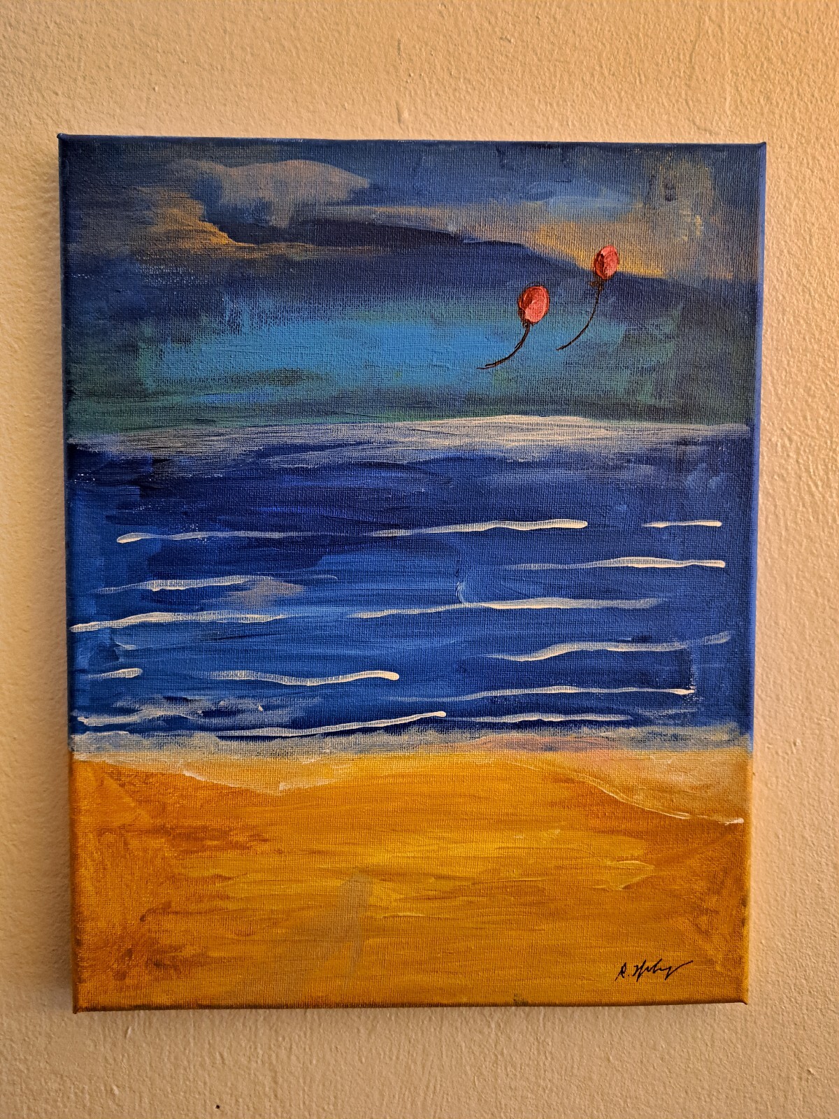 Original acrylic ink «Red Balloons at Beach» Beachscape 14×11 Limited 1/1 Signed