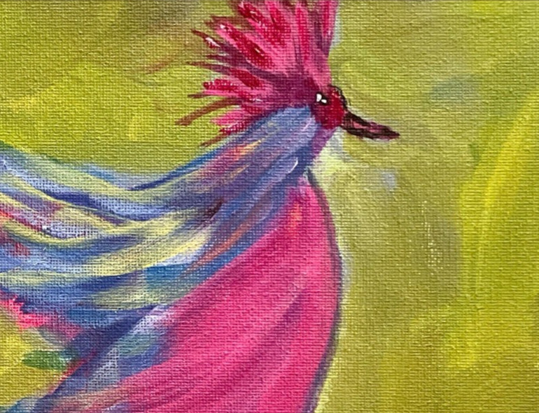 Bold Acrylic Bird Art Vibrant Pink Crested Figure on Green Original 10×10 Signed