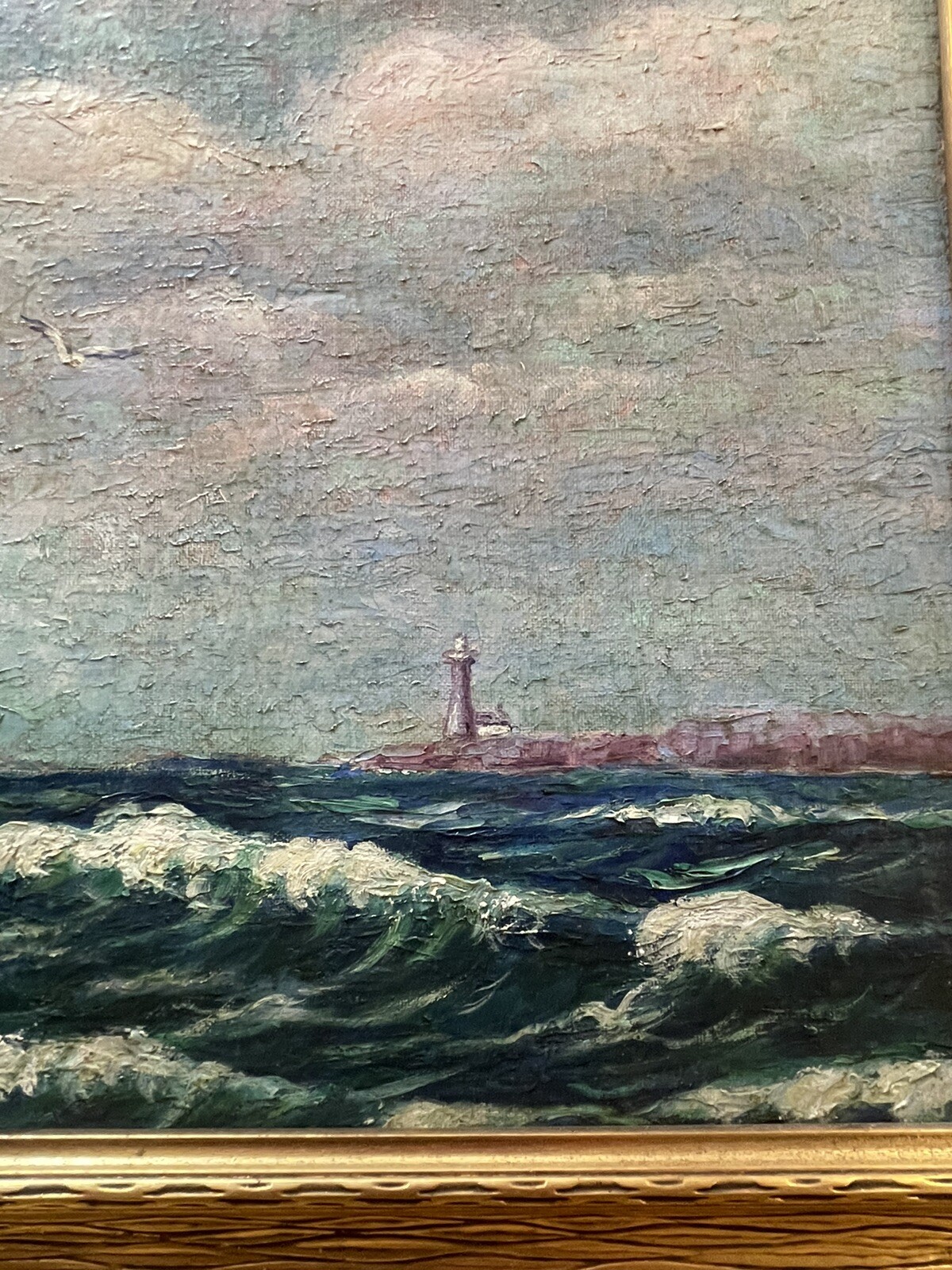 Antique Nautical Painting Seascape American Lighthouse Landscape Coastal Ship