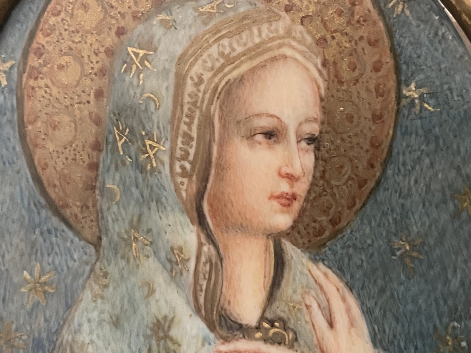 Antique Oval Portrait Miniature Virgin Mary Painting of Madonna of Peace