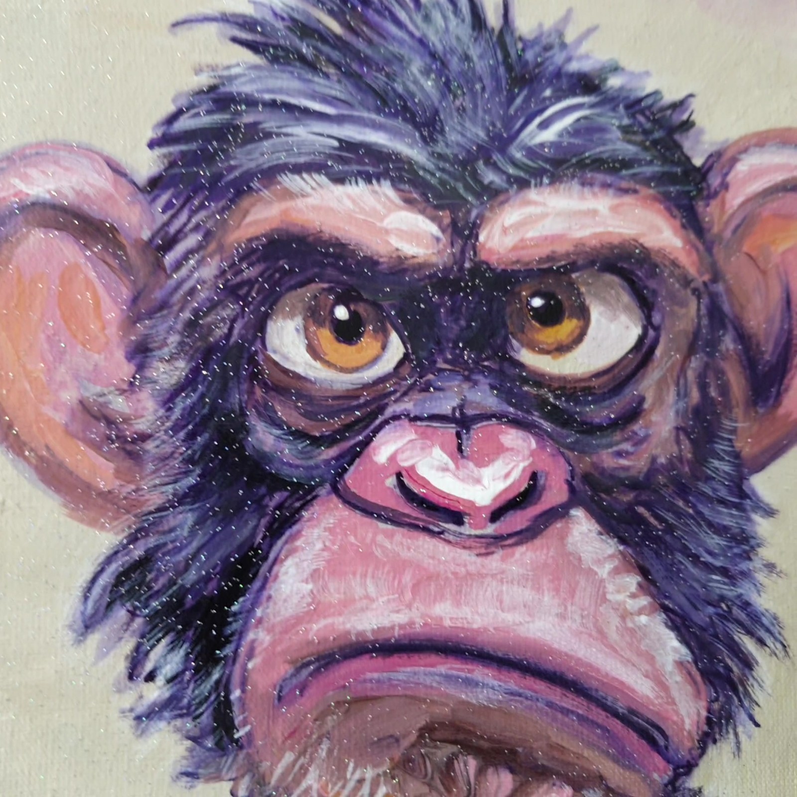 Original Acrylic Painting Funny Grumpy Chimp Monkey Portrait Small Hand Painted