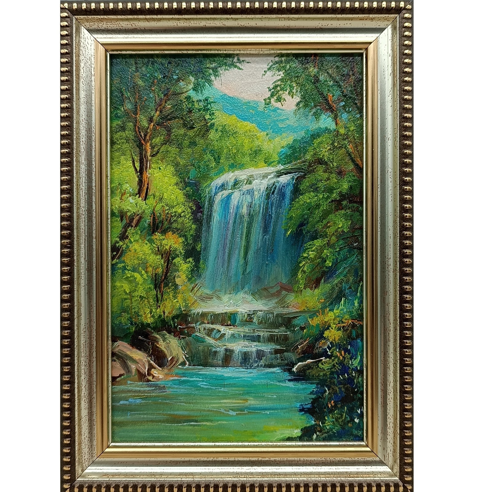 Summer nature Oil painting Original art Waterfall 6 x 4 inches
