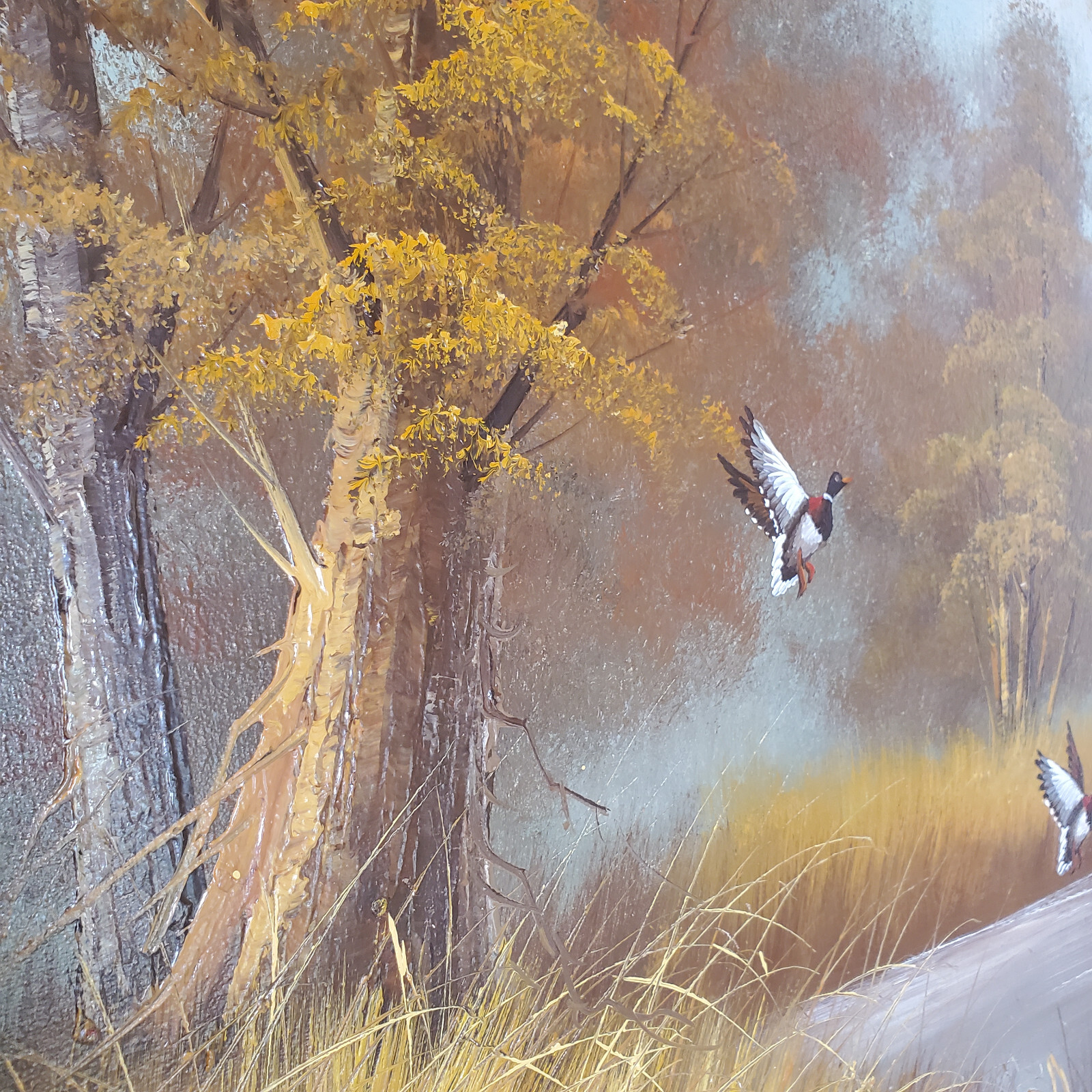 W. Lovell Signed Oil Canvas 24×20 Vtg Painting Ducks in Flight Landing Marsh