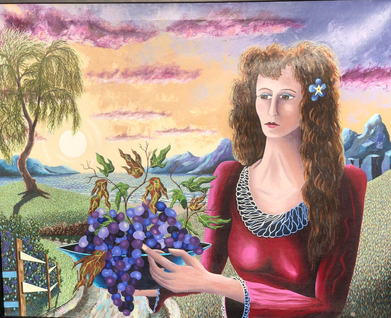 «The Viniferous Harvest» Wine Folk/Surrealist Oil Painting-1984- Gareth Crispell