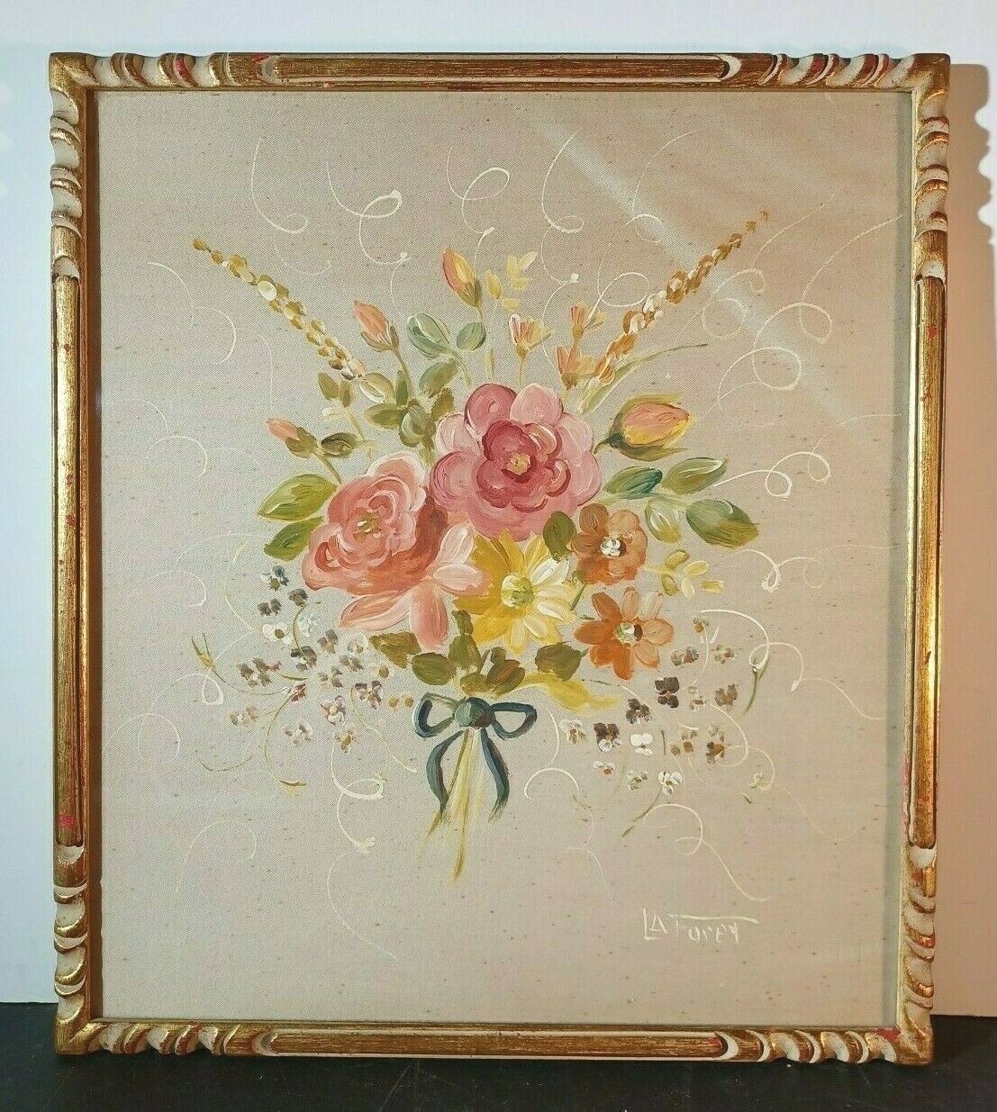 ANTIQUE WATERCOLOR on SILK FRENCH LA FUREY Sd FLORAL BOUQUET CHISELED GOLD FRAME