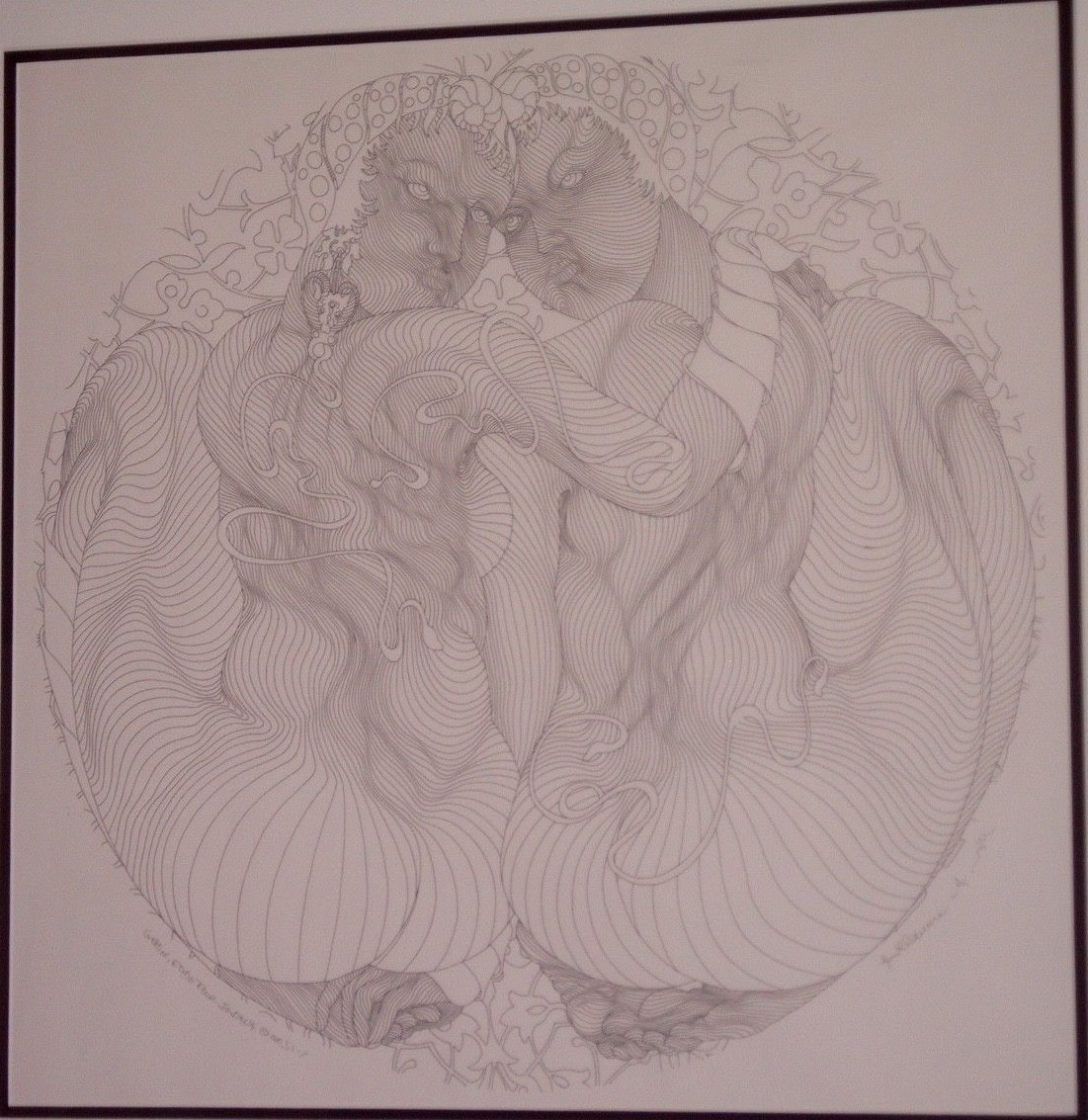 Azoulay, “Gemini” Original Ink and Pen Drawing 31X31 in Custom Frame